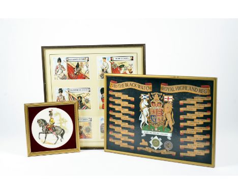 A collection of framed and glazed items, including a 1st Bn The Black Watch (Royal Highland Regt) painting of their cipher an