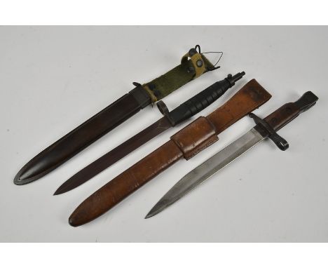 A Canadian 1907 Ross Rifle Co. Bayonet, with leather scabbard and frog, together with Heckler &amp; Koch bayonet, scabbard an