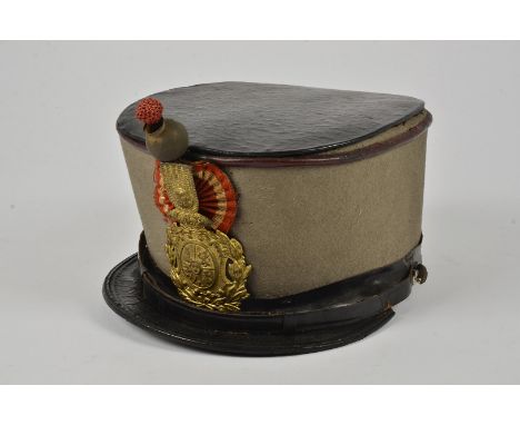 A 19th Century Spanish 1908 Pattern Infantry Enlisted Man's Issue Shako, having Spanish crest to front, light grey felt with 