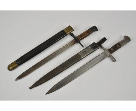 An Italian 1891 Pattern Rocca 1941 bayonet, with brass and leather scabbard, together with a Swiss M1918 Elsener Schwyz Victo