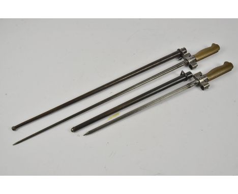 Two French Lebel bayonets, both having cruciform blades and steel scabbard, serials 57145 and 80016, one has 52cm long blade 