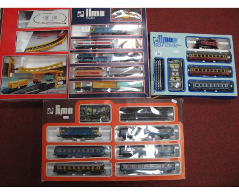 Three 'HO' Scale Train Sets, by Lima, one freight set with unloader/one BR Diesel Passenger Set/0-4-0 LMS set. All boxed, pla