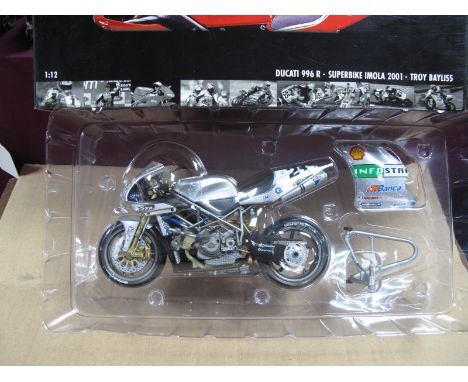 A Minichamps 1:12th Scale #122 011271 Diecast Model Ducatti 996R, superbike Imola 2001, Troy Bayliss, boxed.