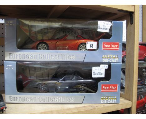 Two Sun Star 'European Collectibles' 1:18th Scale Diecast Model Sports Cars, both TVR's, #4461 2004 TVR Tuscan MK2 starmist g