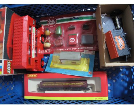 A Boxed Lego (Circa 1971) #384 Red London Bus Constructed  with Instruction Booklet, Hornby "00" Gauge #R6436 open wagon, box