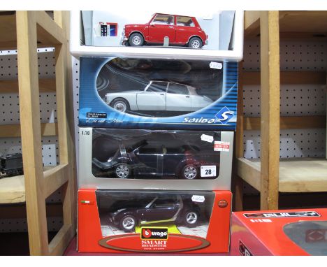 Four 1:18th Scale Diecast Model Cars, Solido #8033CG Citroen DS19 Berline-1963, Burago #34099 Smart Roadster, Gate VW New Bee