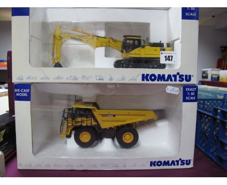 Two Boxed Universal Hobbies 1:50th Scale Diecast Plant Machinery Models, #HD605 Dumper Truck-Komatsu, #PL45OLCD Excavator-Kom