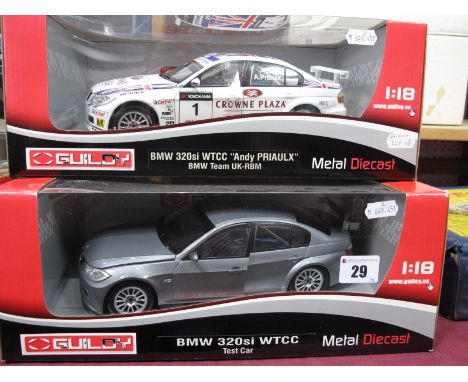 Two Boxed Guiloy 1:18th Scale Diecast Model Touring Cars, both BMW 320si WTCC, 'Andy Priaulx' BMW Team UK-RBM, test car.