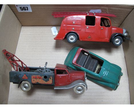 Three Minic Tinplate Clockwork Vehicles, including a fire engine with electrical lights and a pre-war recovery lorry. All pla