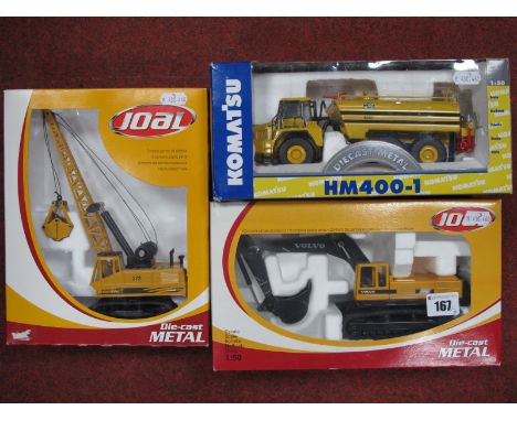 Three Boxed Joal 1:50th Scale Diecast Plant Machinery Models, #272 Digging Crane, Volvo EC650 Excavator, #HM400-1 Komatsu Wat