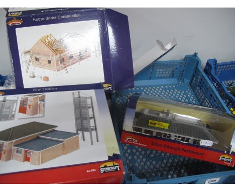 Three Boxed 'OO' Scale Lineside Buildings, by Bachmann 'Scenecraft', #44075 Fire Station, #44102 Drive Through Restaurant, #4