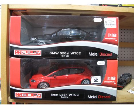 Two Guiloy 1:18th Scale Diecast Model Touring Cars, BMW 320si WTCC - Test Car (black, Seat Leon WTCC Test Car, boxed.