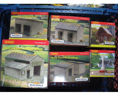 Six Hornby Skaledale "00" Gauge Buildings R8607/8/9/10 Farm Related, R8554 Cliulon gate and R8575 war memorial all boxed, app