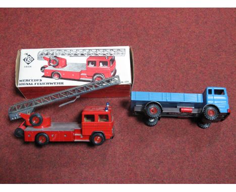 Two 1970's/1980's Tinplate Vehicles by CKO of Germany, a Mercedes fire engine boxed, and a Mercedes truck, unboxed.