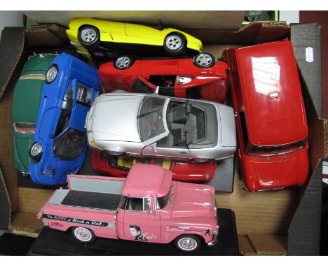 Eight Predominately 1:18th Scale Diecast Model Vehicles, by Maisto, Sun Star and other including Elvis Presley pink Chevrolet