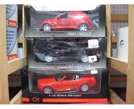 Three Boxed 1:18th Scale Diecast Outline American Model Cars, Auto Art Chrysler Panel Cruiser, Auto Art Chrysler GT Cruiser, 