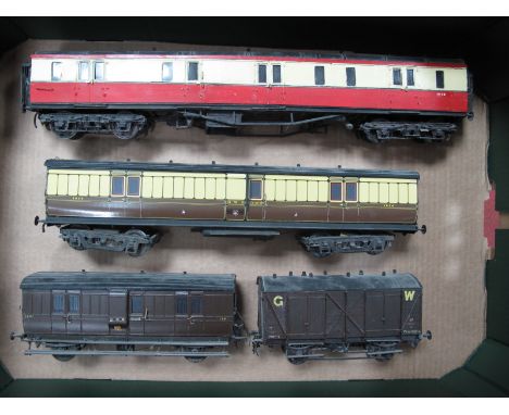 Four 'O' Gauge 7mm Pieces of Rolling Stock, a Lima eight wheel coach, repainted/an adapted GWR Ace Coach/a kit built GWR Brak