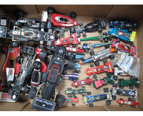 A Quantity of Playworn Diecast Model Formula One Cars, Dragsters, Sports Cars, of differing scale by Corgi, Matchbox and othe