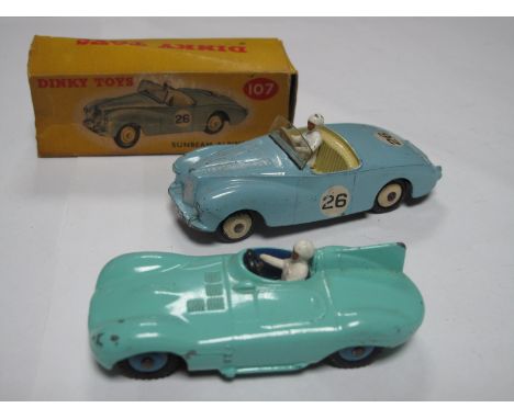 Dinky Toys No 107 'Sunbeam Alpine Sports', light blue, overall fair, good, boxed, creasing and end flap missing to box. Plus 