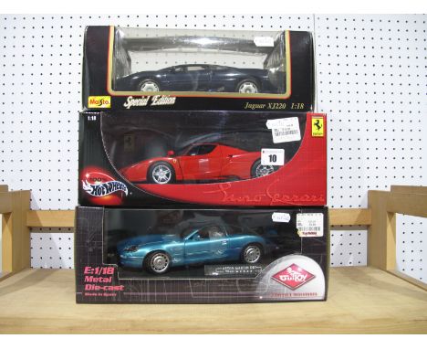 Three 1:18th Scale Diecast Model Cars, Guiloy #67533 Aston Martin DB7, Hotwheels #56293 Enzo Ferrari, Maisto #31807 Jaguar XJ