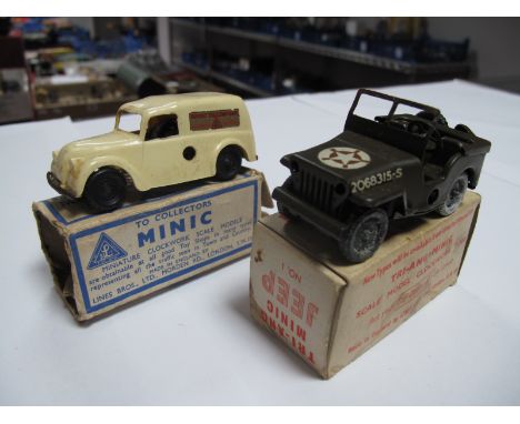 A Tinplate / Clockwork Tri-Ang Minic Jeep, No1 boxed, plus a Minic plastic clockwork 'Morris Light Van', playworn, boxed.