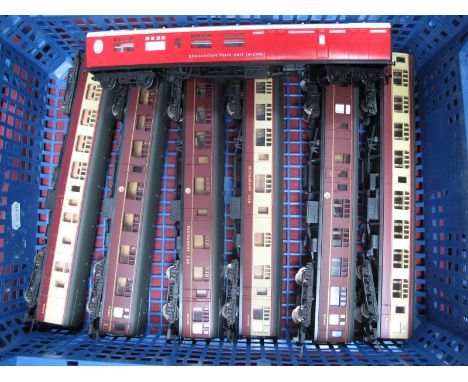 Seven Express '00' Gauge Eight Wheel Coaches by Lima and Triang, BR maroon and blood / custard, restaurant cars noted, unboxe