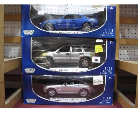 Three Motor Max 1:18th Scale Diecast Model Cars, Nissan Skyline GT-R, Jeep Grand Cherokee, Chrysler Crossfire, all boxed.