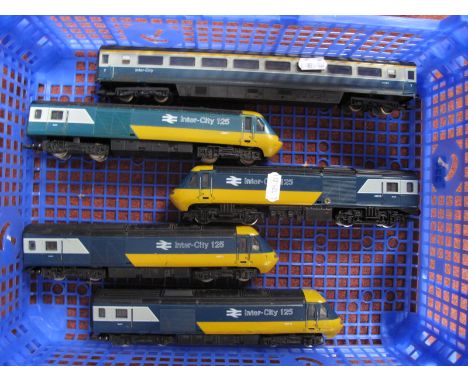 Hornby "00" Intercity 125 Two Powered Locomotives, plus two dummies plus one Intercity Coach (1st) by Lima, all playworn, unb