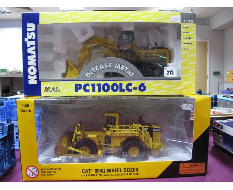 Two Boxed 1:50th Scale Diecast Plant Machinery Models, Norscot #55159 CAT8546 Wheel Dozer, Joal #290 PC1100LC-6 Material Hand