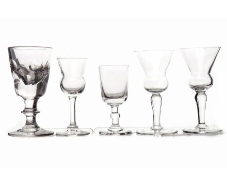 EARLY 19TH CENTURY WINE GLASS
with small round funnel bowl with faceted circle design, single knop stem and plain foot, 10cm 