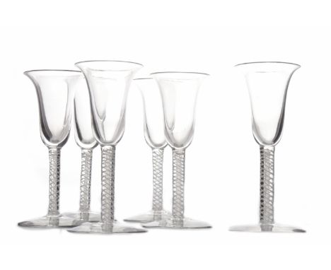 AMENDMENT - 20TH CENTURY IN DATE 
SIX WINE GLASSES OF 18TH CENTURY DESIGN 
each with bell bowl and white spiral twist stem, p