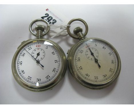 Two Military Issue Pocket Stopwatches, each dial with black and red Arabic numerals, centre seconds and subsidiary dial, case