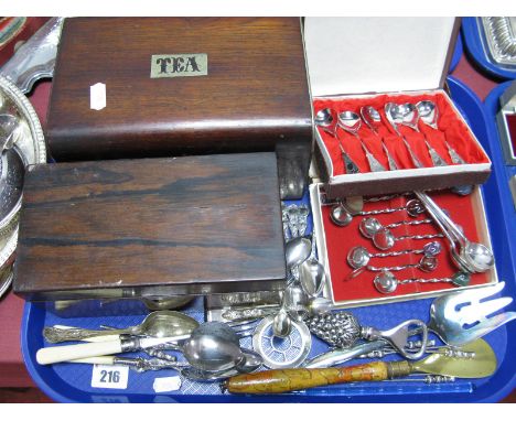 A XIX Century Mahogany Dome Top Tea Caddy, and one other, cased and loose cutlery:- One Tray