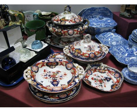 A Mid to Late XIX Century Ashworth Bros. Ironstone Pottery Part Dinner Service, decorated with urns of flowers, phoenix and s