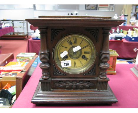 A H.A.C. German Pine Cased Mantel Clock, with fourteen day strike movement, black Roman numerals to cream dial.