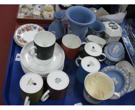Wedgwood 'Susie Cooper' Harlequin Coffee Set, Jasperware trinkets, Peter Rabbit hexagonal money box, etc:- One Tray