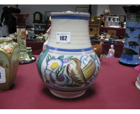 A Carter, Stabler and Adams Poole Pottery Red Earthenware Vase, of baluster form, painted in the 'Comic' Bird pattern amongst