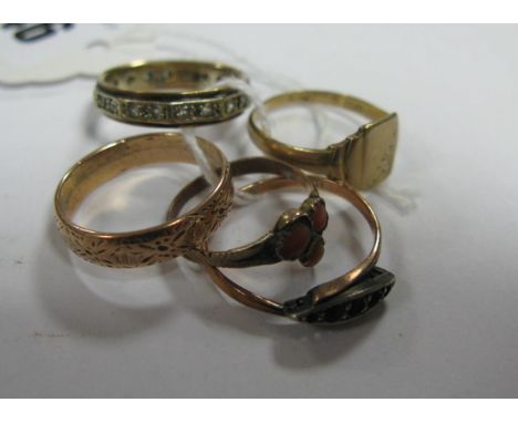 An Eternity Band, stamped "9ct"; a patterned wedding band, a 9ct gold signet style ring, etc. (5)