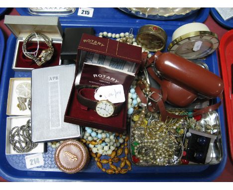 A Rotary Modern Gent's Wristwatch; together with assorted costume beads, cigarette case, camera, bedside clocks, brooches, la