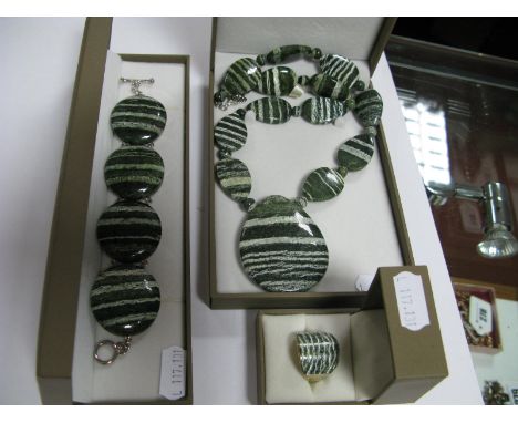 A Modern Panel Bracelet, with T-bar and loop fastener stamped "925"; together with matching panel necklace and hallmarked sil