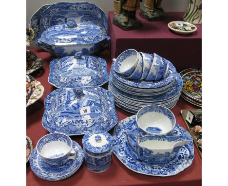 Copeland 'Italian' Spode Blue and White Pottery, to include three tureens, two meat plates, sauce boat, ten dinner plates, si