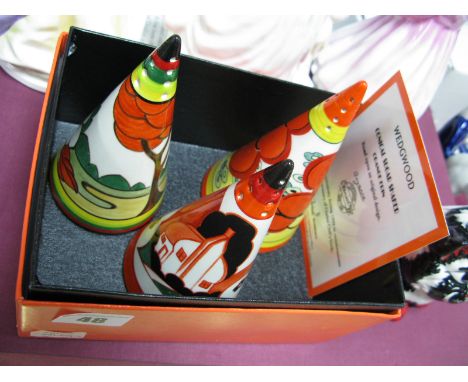 Three Wedgwood Clarice Cliff Centenary Bizarre Conical Sugar Shakers, including Orange Erin, plus box. 