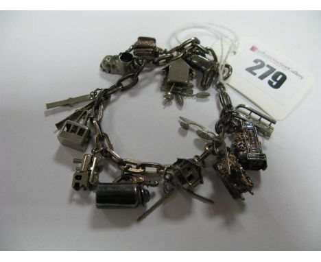 A Charm Bracelet, suspending numerous novelty charm pendants, including cable car, cuckoo clock, skis ornate teapot, boots, e