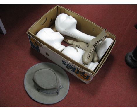 Two Vintage Shop Display Heads, a pair of ladies Edwardian leather boots, plus a Steer Hide leather cowboy hat by B.C.