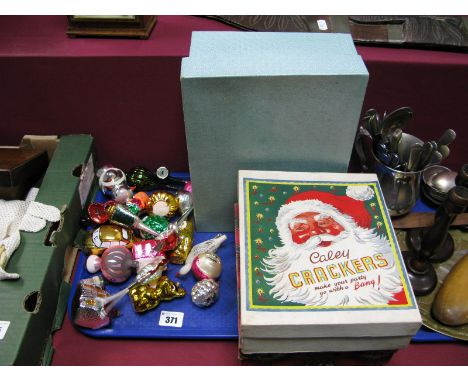 Novelty Vintage Christmas Baubles, motor car, pipe, guitars, owl, accordion, lantern, etc and two Caley cracker boxes:- One T