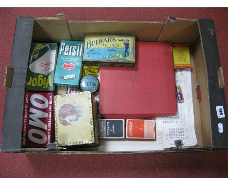 Vintage Advertising Items - A 1931 shop calendar for Bibby Soap, Persil, Omo Soap packet, tins, advertising playing cards for