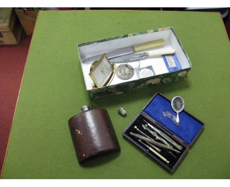 Jackson Bros Ltd Geometry Set, cased; miniature hand mirror, hip flask, Kaiser bedside clock, "Group Boxing Competition Germa