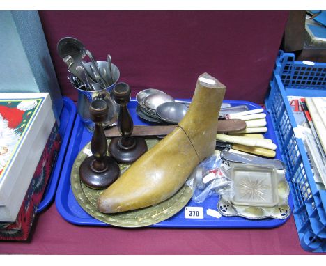 A Saville Art Deco Ladies Make Up Compact, stamped 'June' , fold up bedside travel clock, shoe tree, a pair of turned wooden 