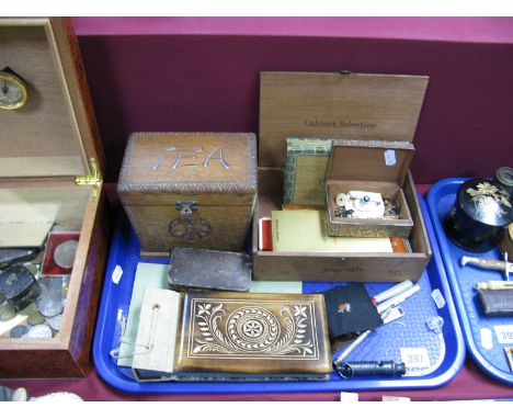 Gent's Cufflinks, studs, "The Acme Boy Scouts" whistle, Tea caddy, trinket box, photograph album, etc:- One Tray