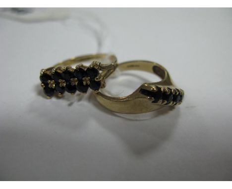 A 9ct Gold Two Row Ring, claw set throughout with uniform stones; together with a 9ct gold ring, five stone set on the diagon